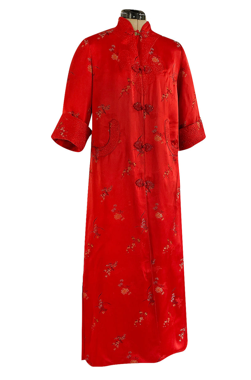 Gorgeous 1950s Red Silk Embroidered Asian Evening Coat w Top Stitched Cuffs & Collar