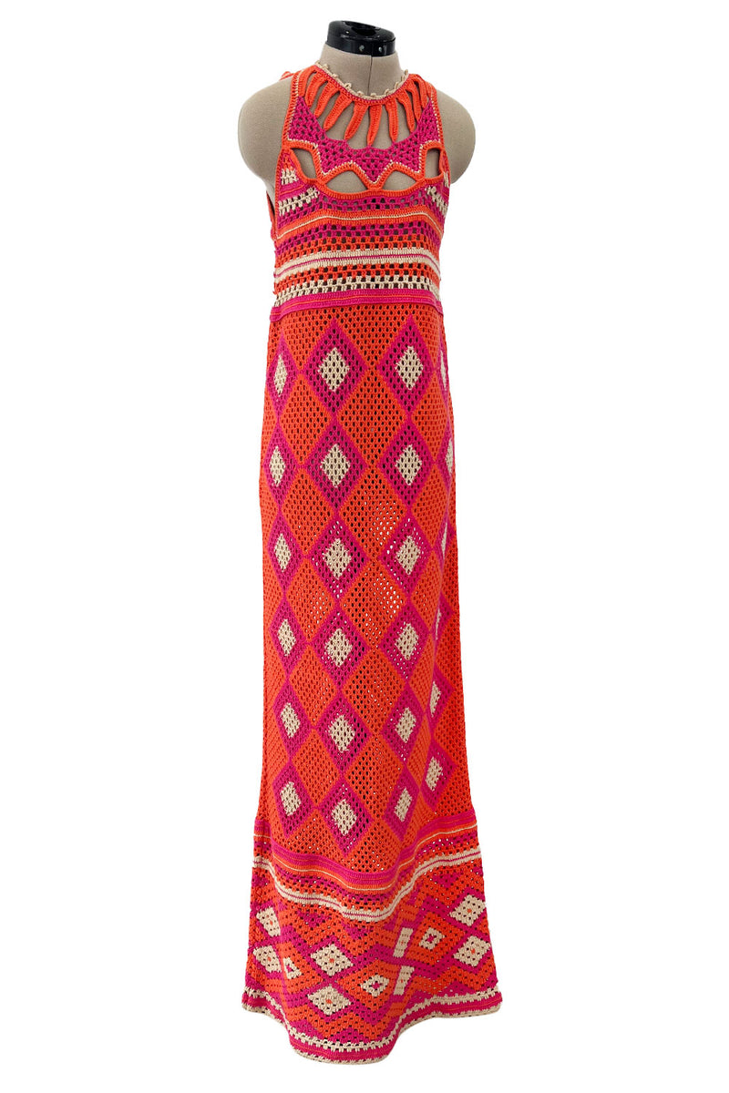 Prettiest Resort 2012 Christian Dior Hand Crocheted Pink & Orange Geometric Halter Dress
