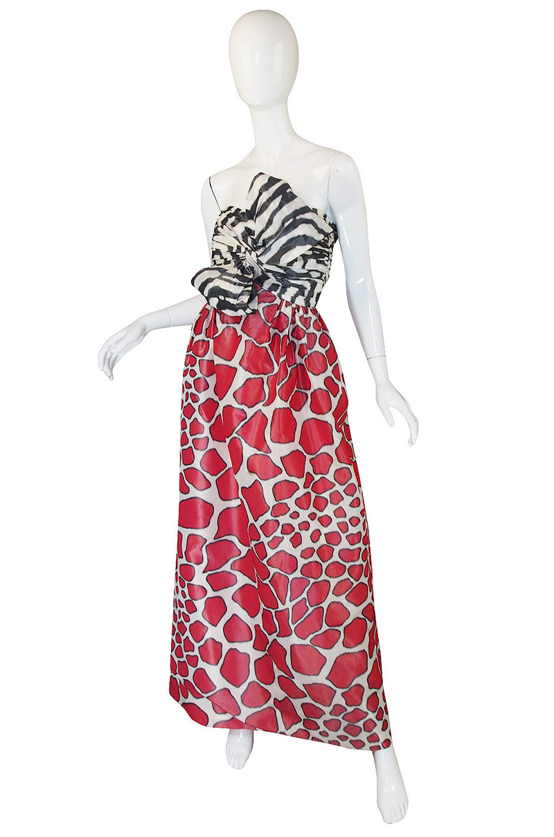 1967 Striking Silk Print Strapless Adolfo Gown