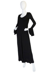 1970s Biba Ruffled Cuffs Black Moss Crepe Dress