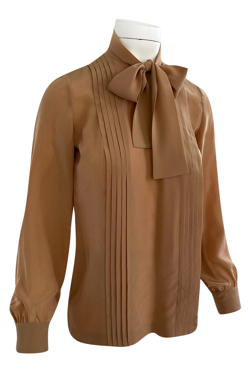 1970s Chanel True Haute Couture Pleated Front Silk Top w Bow & French Cuffs