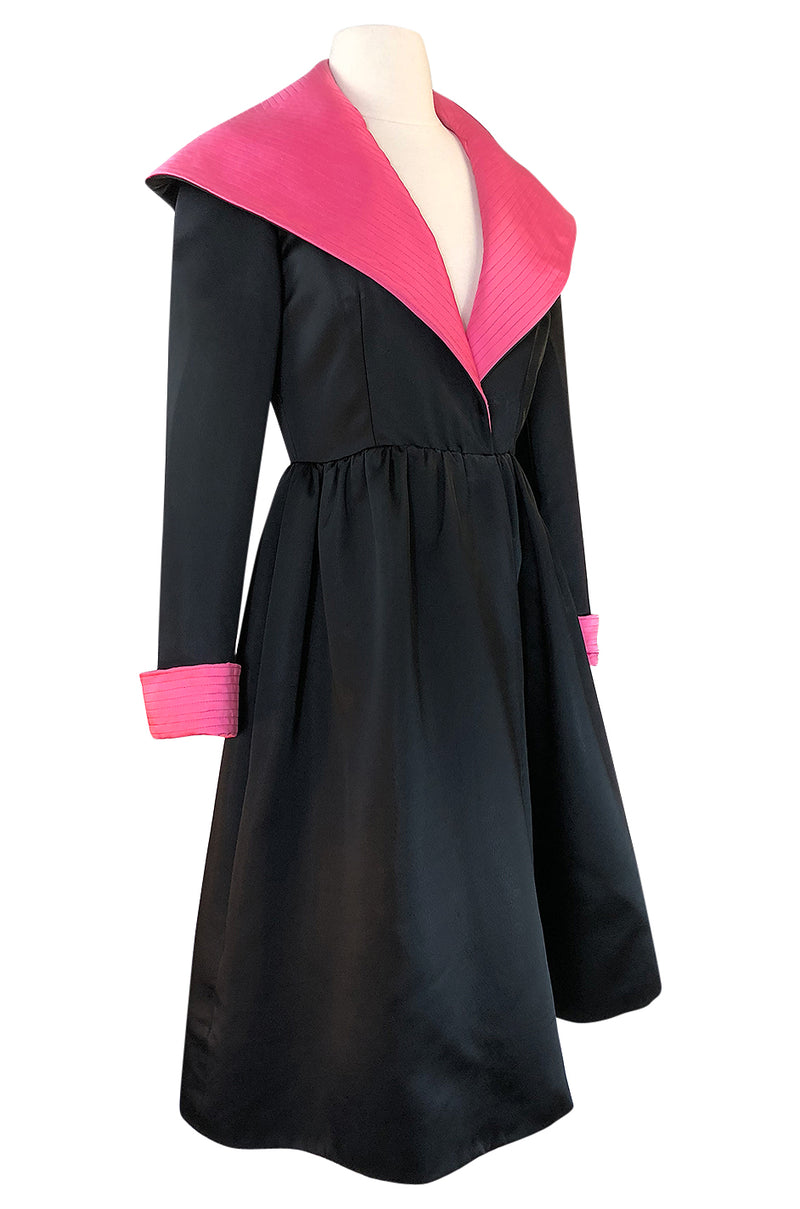 1960s Geoffrey Beene Fitted Pink Collar & Cuffs Black Coat Dress