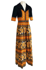Late 1960s Oscar de la Renta Printed Orange & Black Jumpsuit w Extra Wide Side Slit Legs