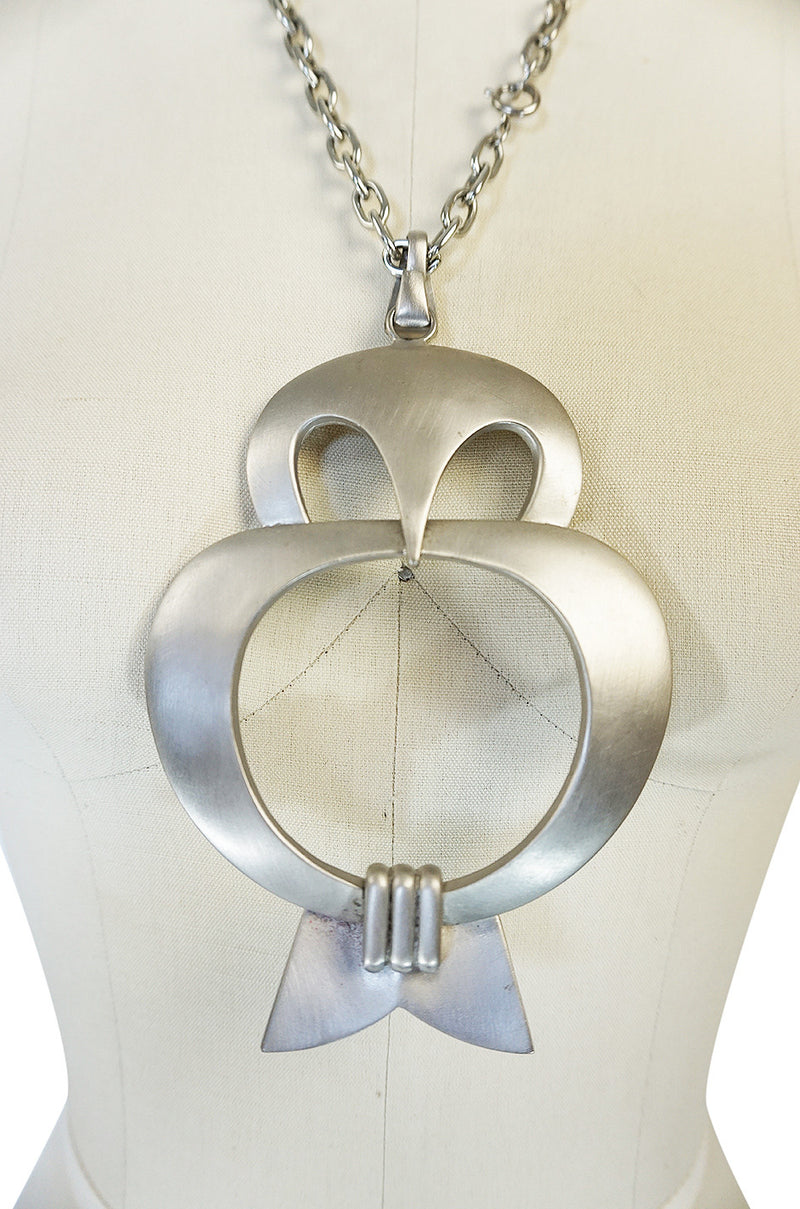 Massive 1960s Pierre Cardin Modernist Silver Metal Owl Necklace
