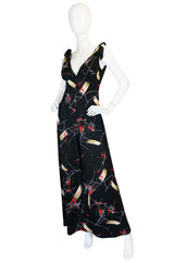 1970s Print Jersey Plunging Wide Leg Jumpsuit