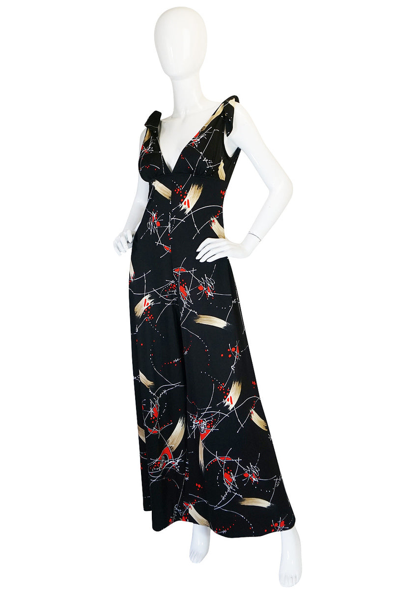1970s Print Jersey Plunging Wide Leg Jumpsuit