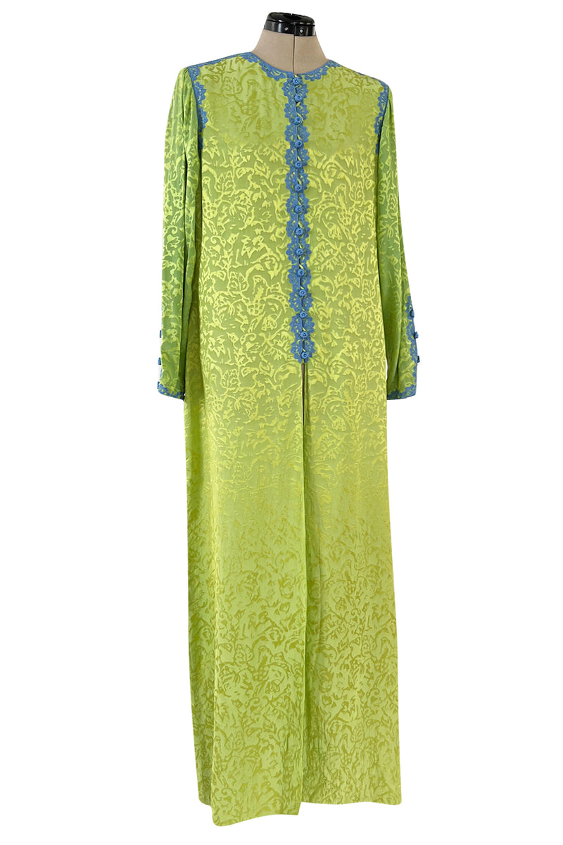 1980s Oscar de la Renta Green Silk Blue Trim Caftan Dress or Evening Coat