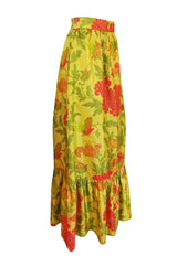 1960s Unlabelled Coral & Green Floral Print on Yellow Silk Skirt
