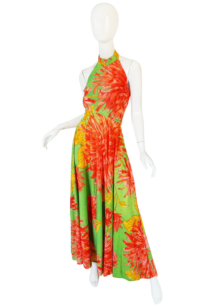 1970s Backless Nylon Jersey Tropical Halter Dress