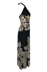 c.1976 Mac Tac Halter Tie Floral Printed Nylon Jersey Dress