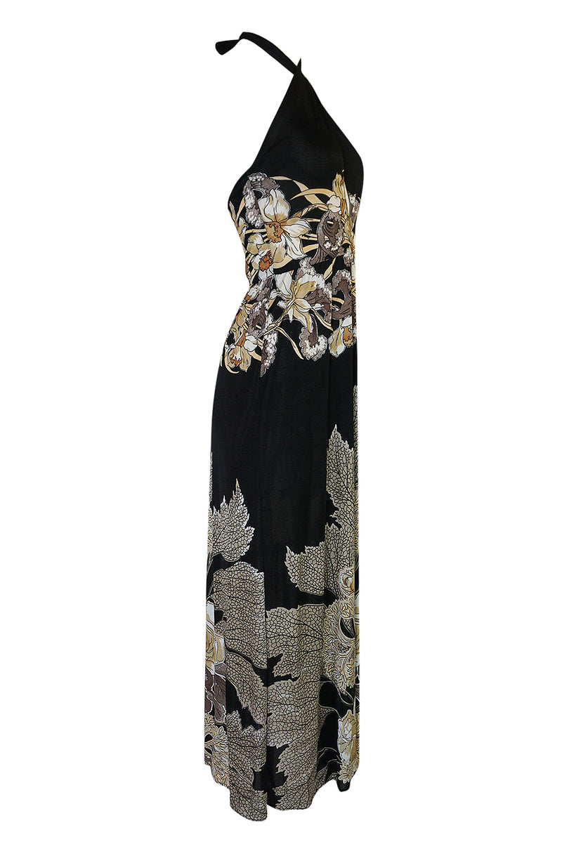 c.1976 Mac Tac Halter Tie Floral Printed Nylon Jersey Dress