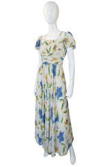 1930s Puffed Sleeve Floral Silk Chiffon Gown
