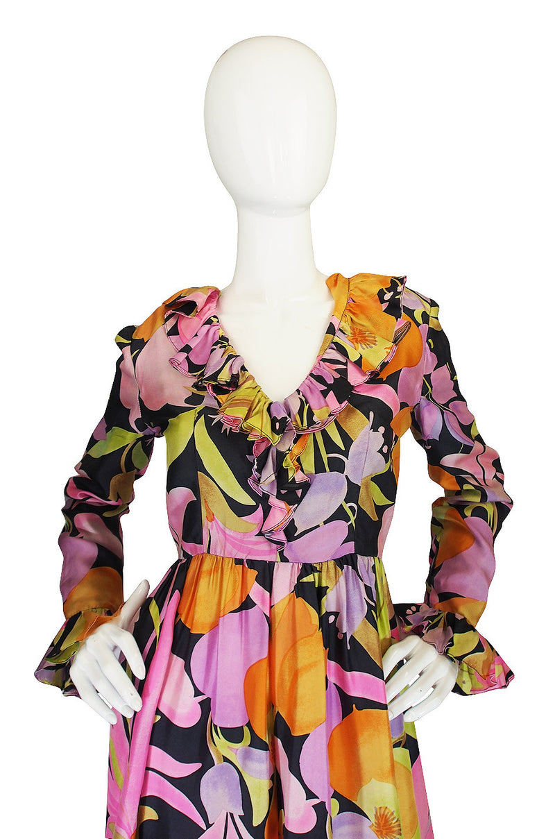 1960s Silk Chiffon Floral Oscar De La Renta Jumpsuit