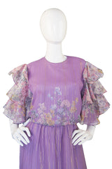 1980s Ruffle Sleeve Floral & Gold Hanae Mori Dress