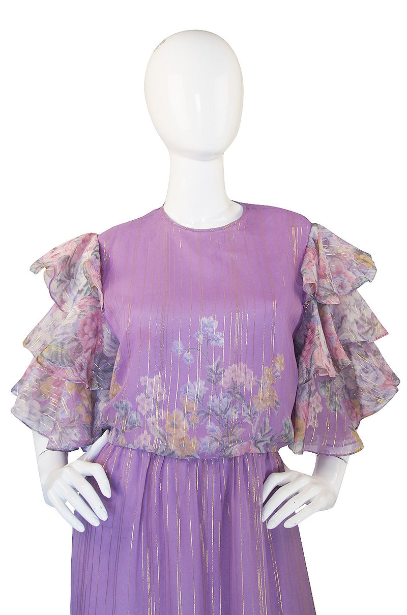1980s Ruffle Sleeve Floral & Gold Hanae Mori Dress
