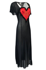 1990s Moschino Love Me Baby Red Heart on Black Net Lingerie Dress