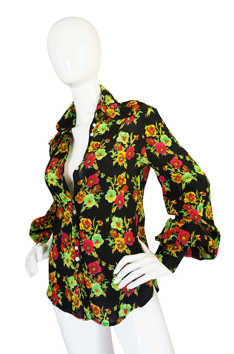 1960s Rare Bright Floral Silk Jeff Banks Button Shirt