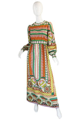 1960s Tribal Print Silk Malcolm Starr Maxi Dress
