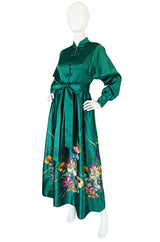 1960s Teal Traina Emerald Green Embroidered Silk Dress