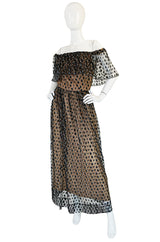 1970s Jean Louis Dotted Net & Silk Off Shoulder Dress