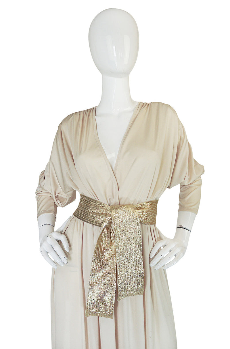 1970s Bill Tice Plunging  Cream & Gold Jersey Dress