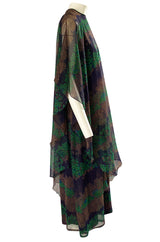 1970s Jean Varon Printed Green & Deep Blue Tiered Chiffon Caftan Dress