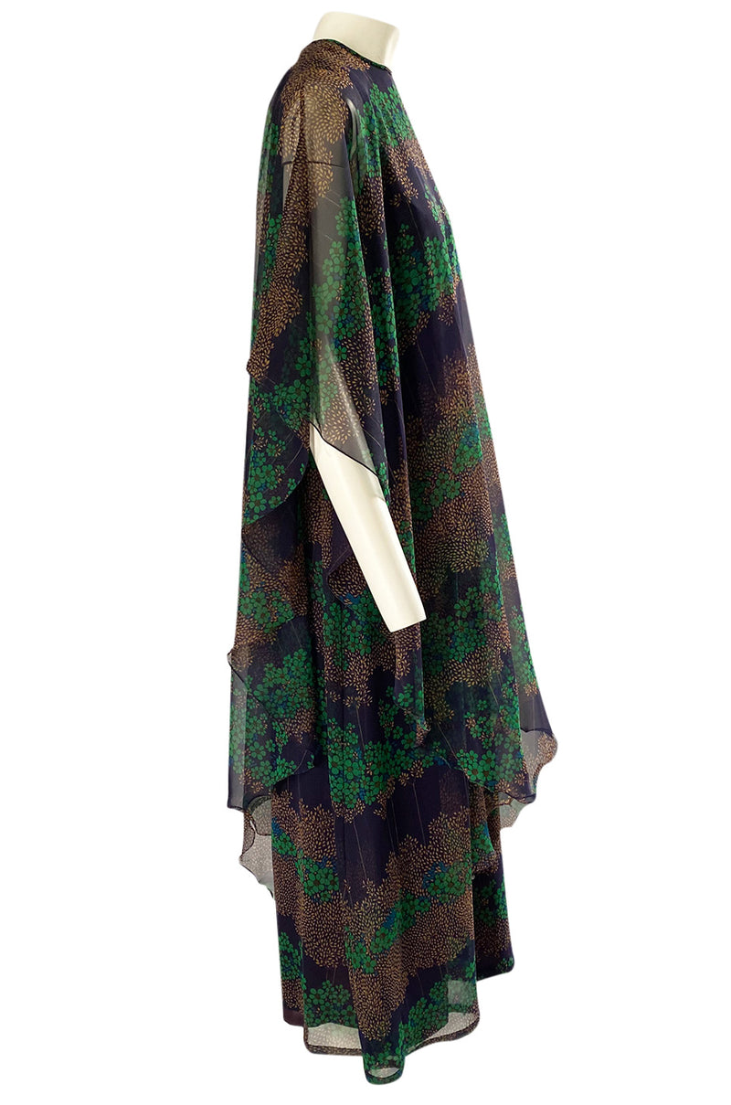 1970s Jean Varon Printed Green & Deep Blue Tiered Chiffon Caftan Dress