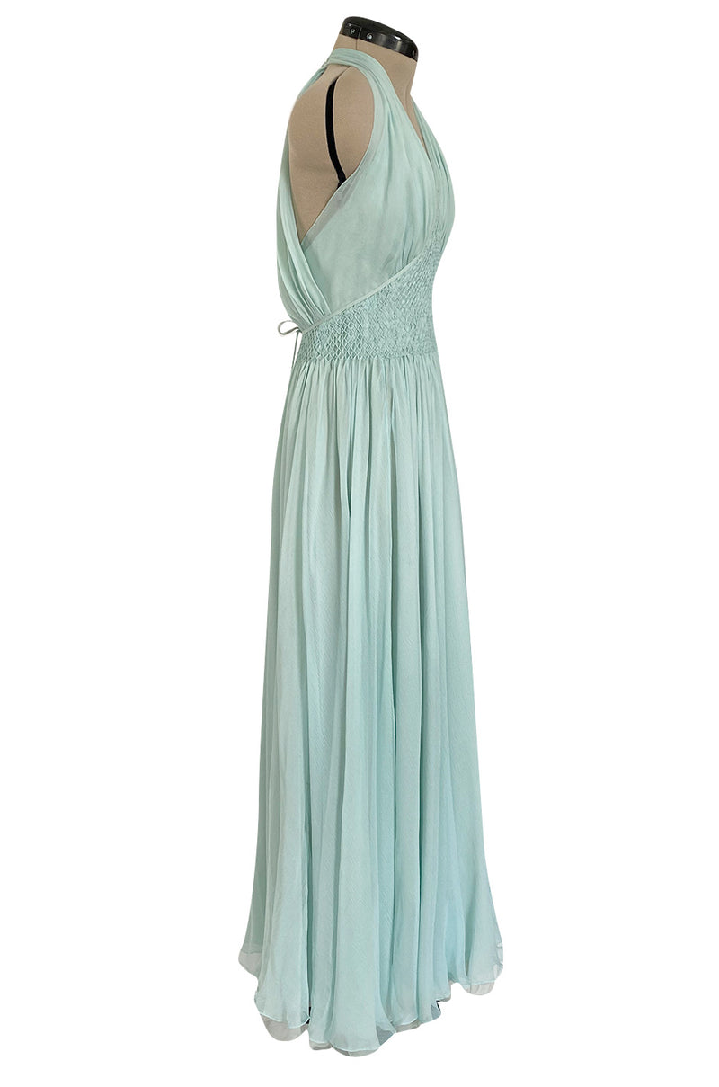 Spring 1976 Chanel Haute Couture Pale Turquoise Silk Chiffon Dress w PinTuck Gathered Front
