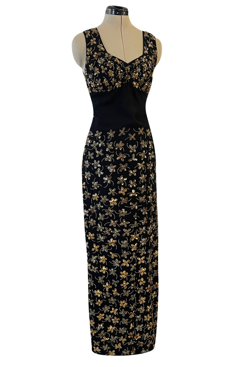 Incredible 1930s Black Moss Silk Crepe Dress Densely Covered w Rare Gelatin Sequins & Seed Beads