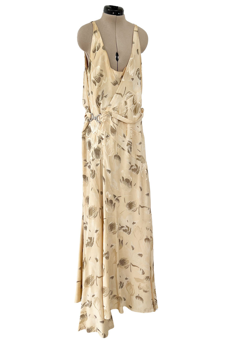 Rare & Beautiful 1920s E. L. Mayer Pale Gold Silk Flapper Dress w Lame & Rhinestone Detailing