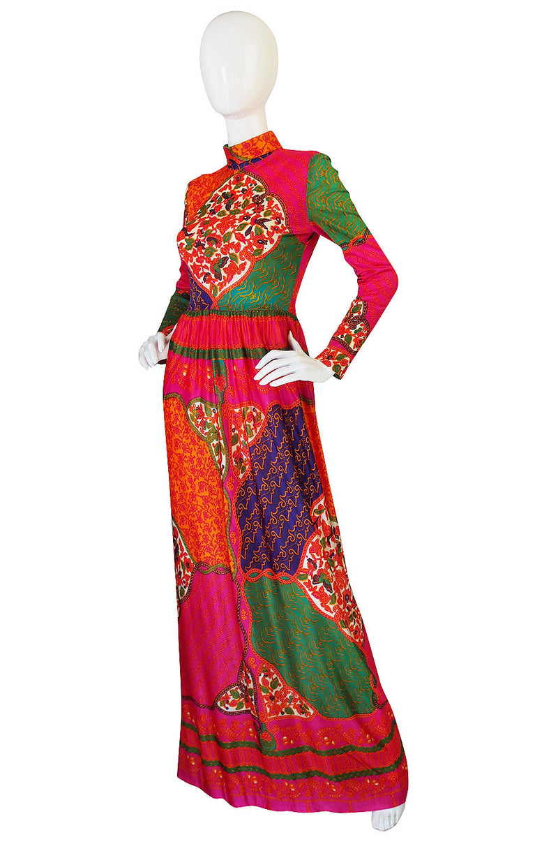 1970s Supermodel Length Brilliant Print Maxi Dress