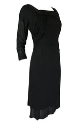1940s Unlabeled Black Jersey Draped & Fitted Day or Cocktail Dress