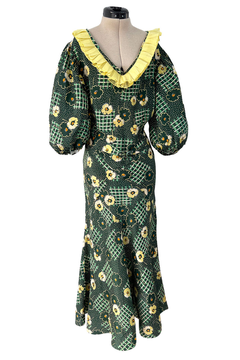 Prettiest 1930s Green Floral Print Bias Cut Silk Crepe w Yellow Collar Shrimpton Couture Prettiest 1930s Green Floral Print Bias Cut Silk Crepe w Yellow Collar Shrimpton Couture