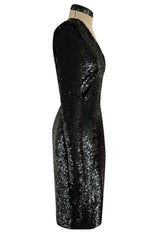 Early 2000s John Anthony Couture One Shoulder & Sleeve Densely Sequinned Glossy Black Dress