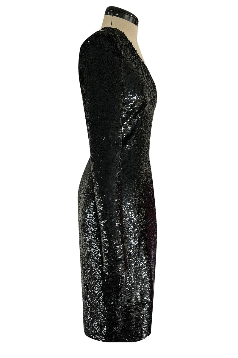 Early 2000s John Anthony Couture One Shoulder & Sleeve Densely Sequinned Glossy Black Dress