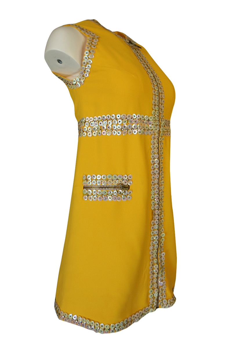 c1967 Chloe by Karl Lagerfeld Stud & Paillettes Yellow Mini Dress