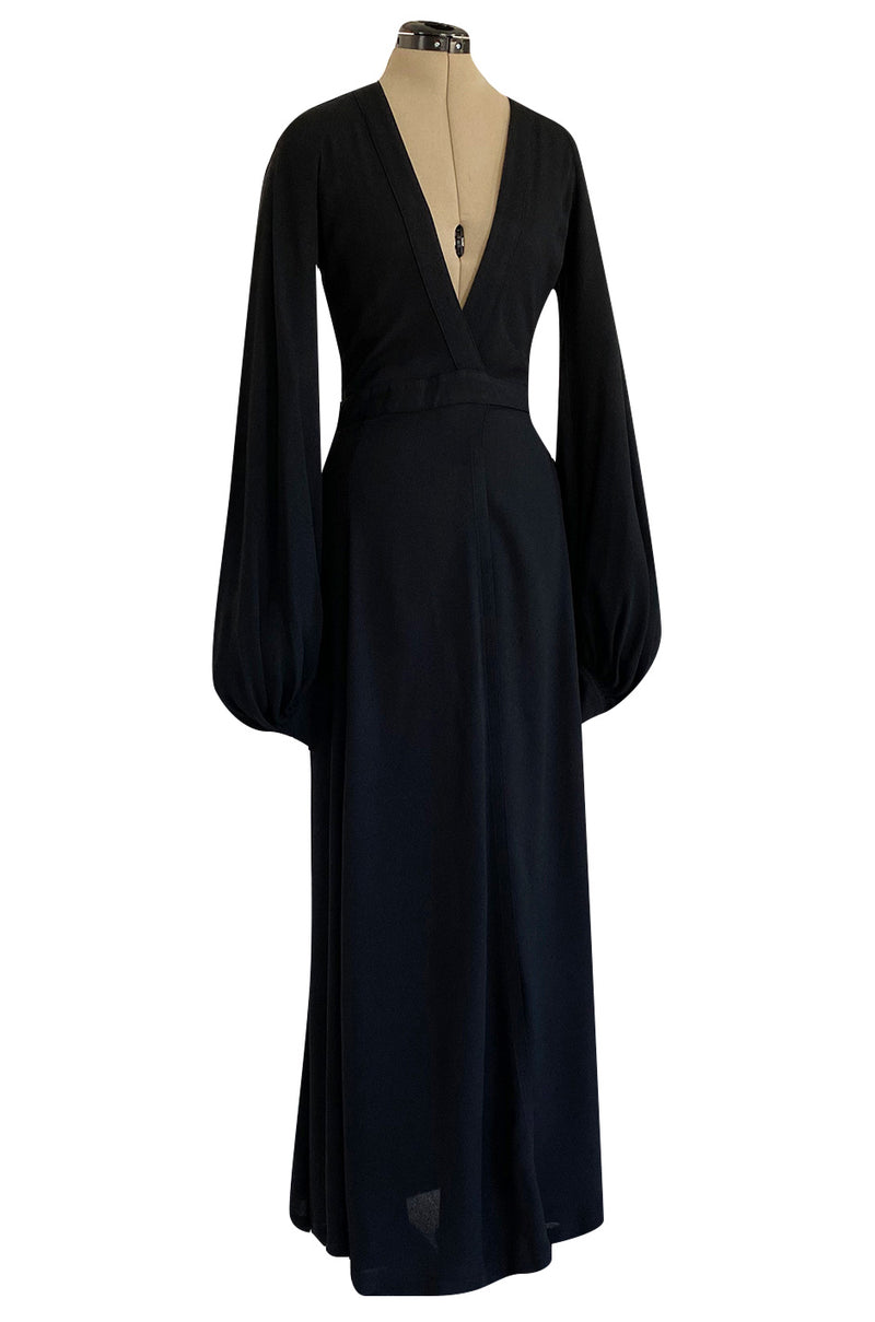 Iconic 1972 Ossie Clark Couture Black Moss Crepe Open Back Wrapped Dress w Bishop Sleeves
