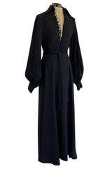 c.1969 Ossie Clark Black Moss Crepe Dress w Bishop Sleeves, Button Front & Dog Ear Collar