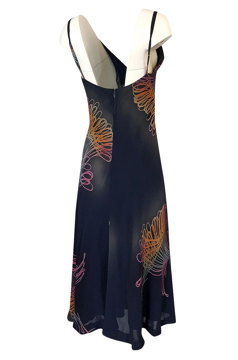 c.1977 Pauline Trigere Silk 'Fireworks' Print Halter Dress & Cape
