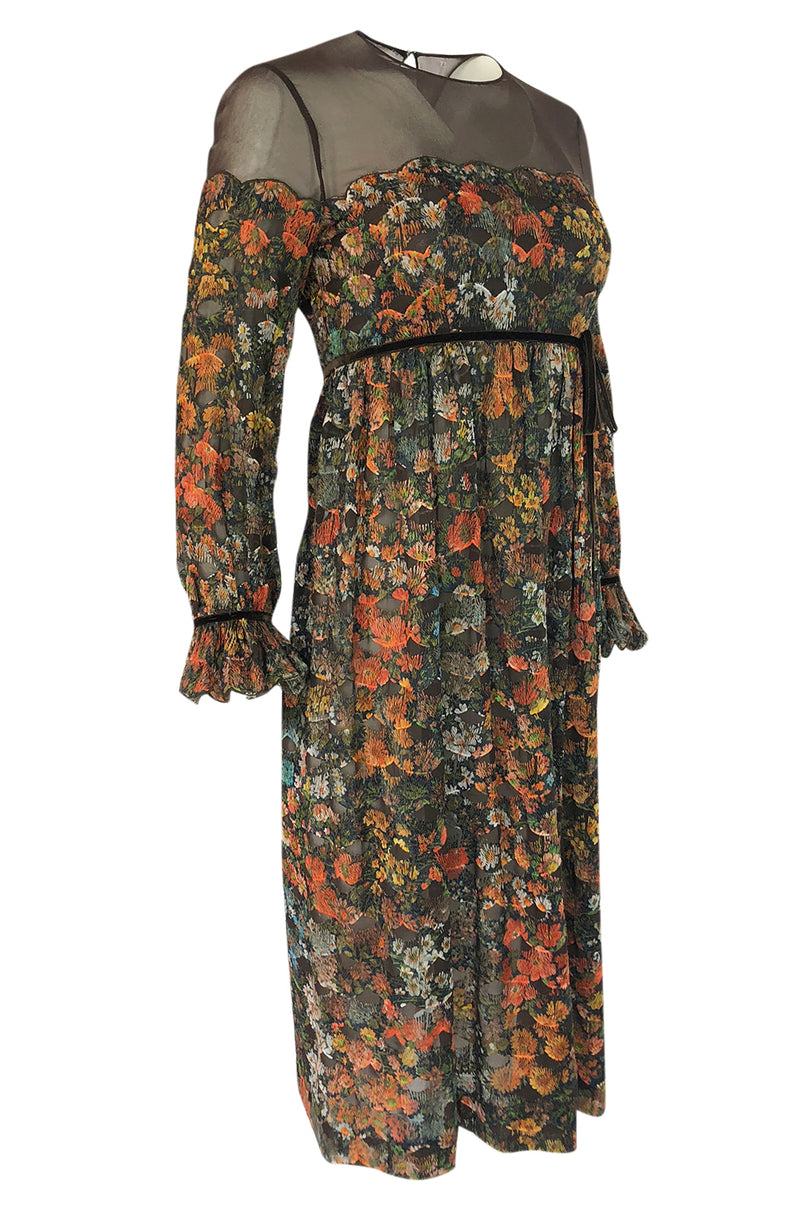 1960s Mignon Densely Embroidered on Brown Silk Chiffon Dress