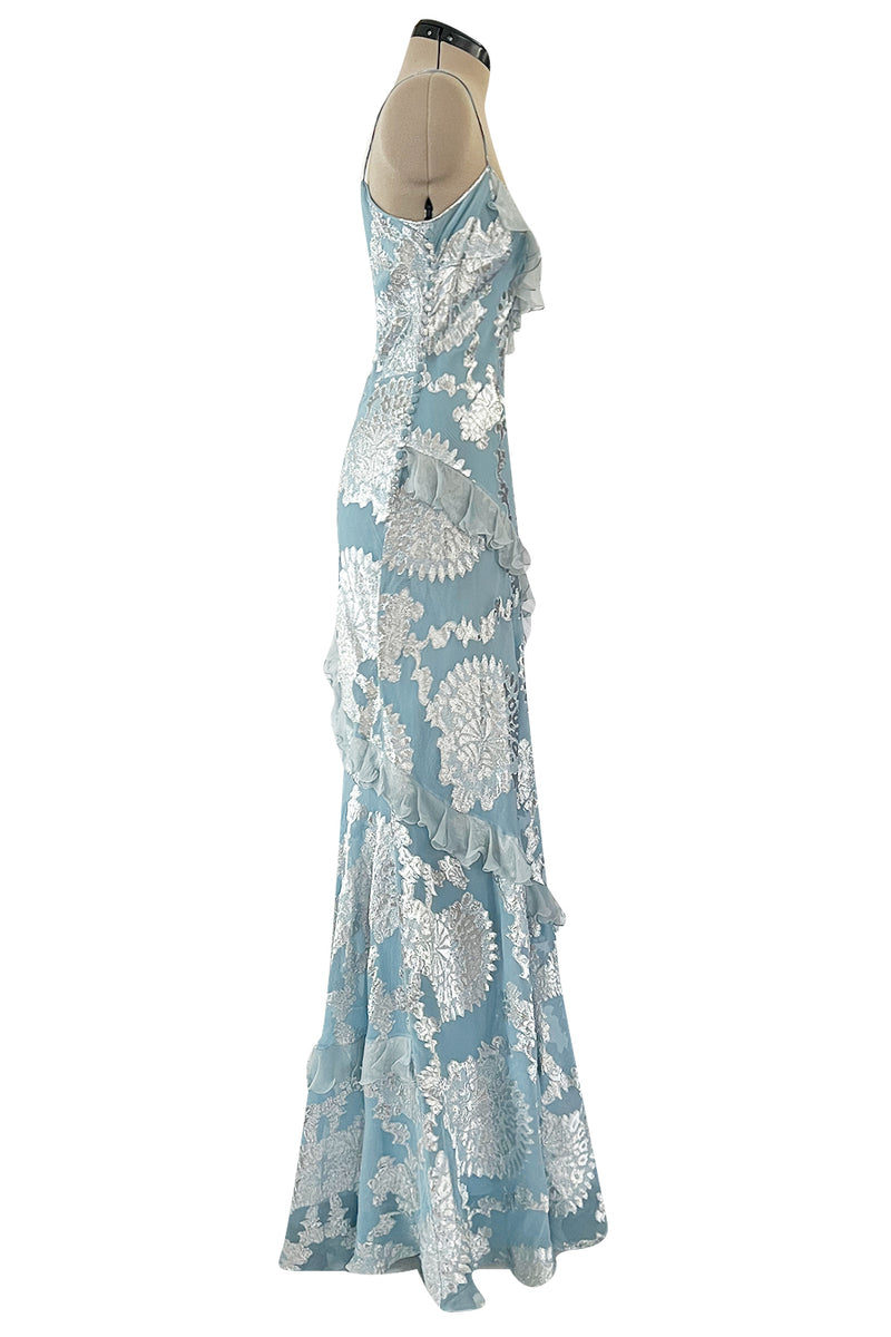 Iconic Fall 2004 John Galliano Bias Cut Blue Dress w Ruffles & Metallic Silver Detailing