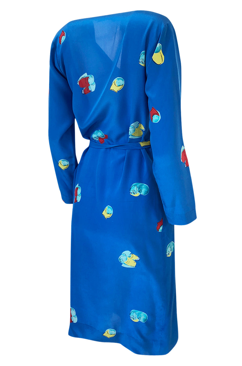 Resort 1980 Halston Abstract Print Blue Silk Wrap Day Dress