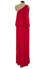 Spring 1982 Yves Saint Laurent Runway & Ad Campaign Red Jersey One Shoulder Dress