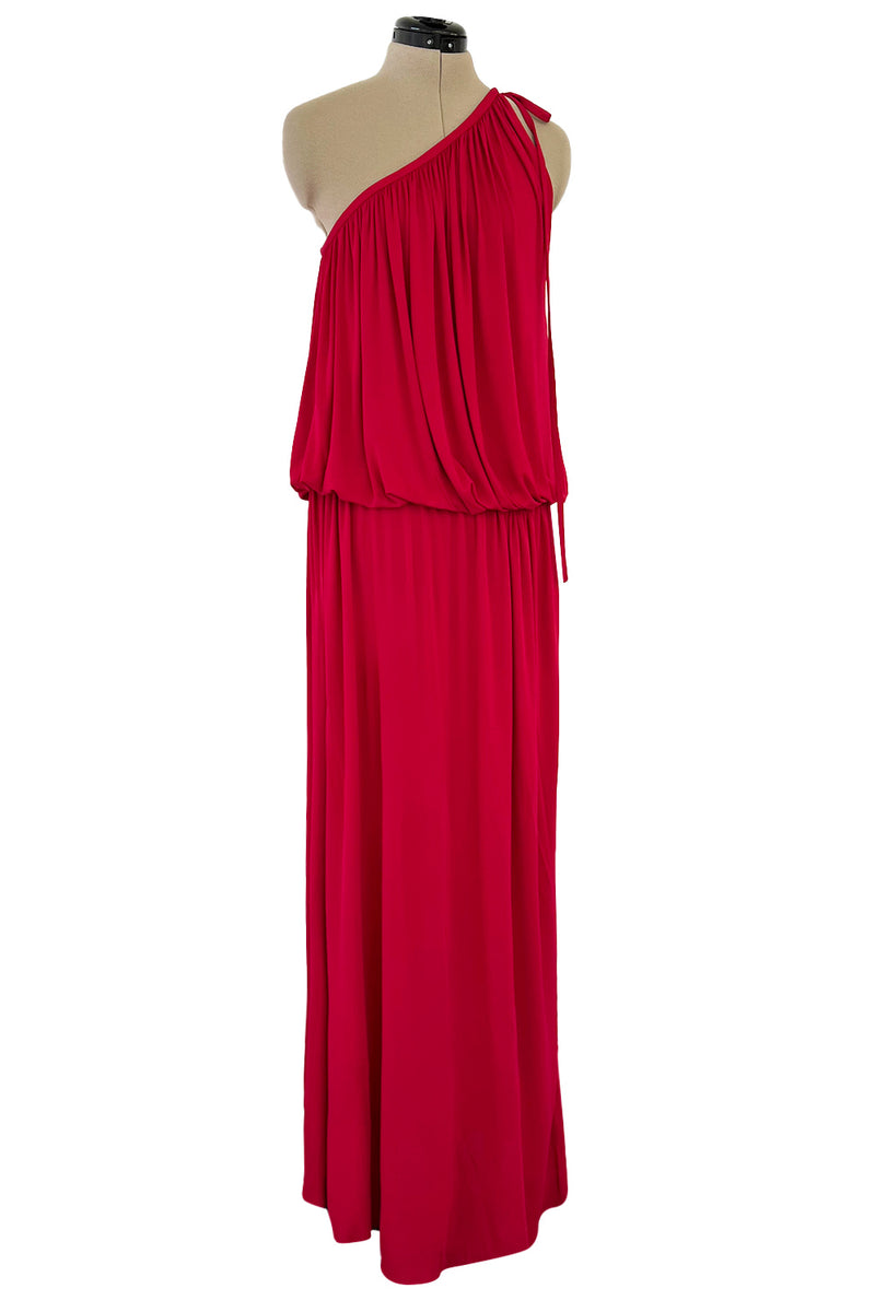 Spring 1982 Yves Saint Laurent Runway & Ad Campaign Red Jersey One Shoulder Dress