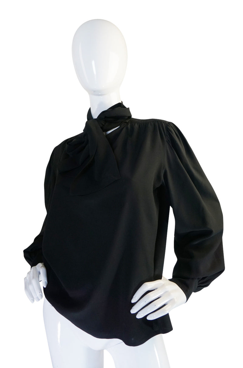 1970s Black Silk Crepe Yves Saint Laurent Tie Top
