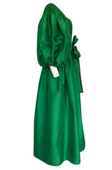 1960s Richiline Emerald Green Silk Dress w Pouf Sleeves & Rhinestone Detail
