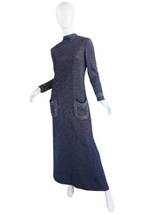 1970s Pauline Trigere Blue Lurex & Rhinestone Dress