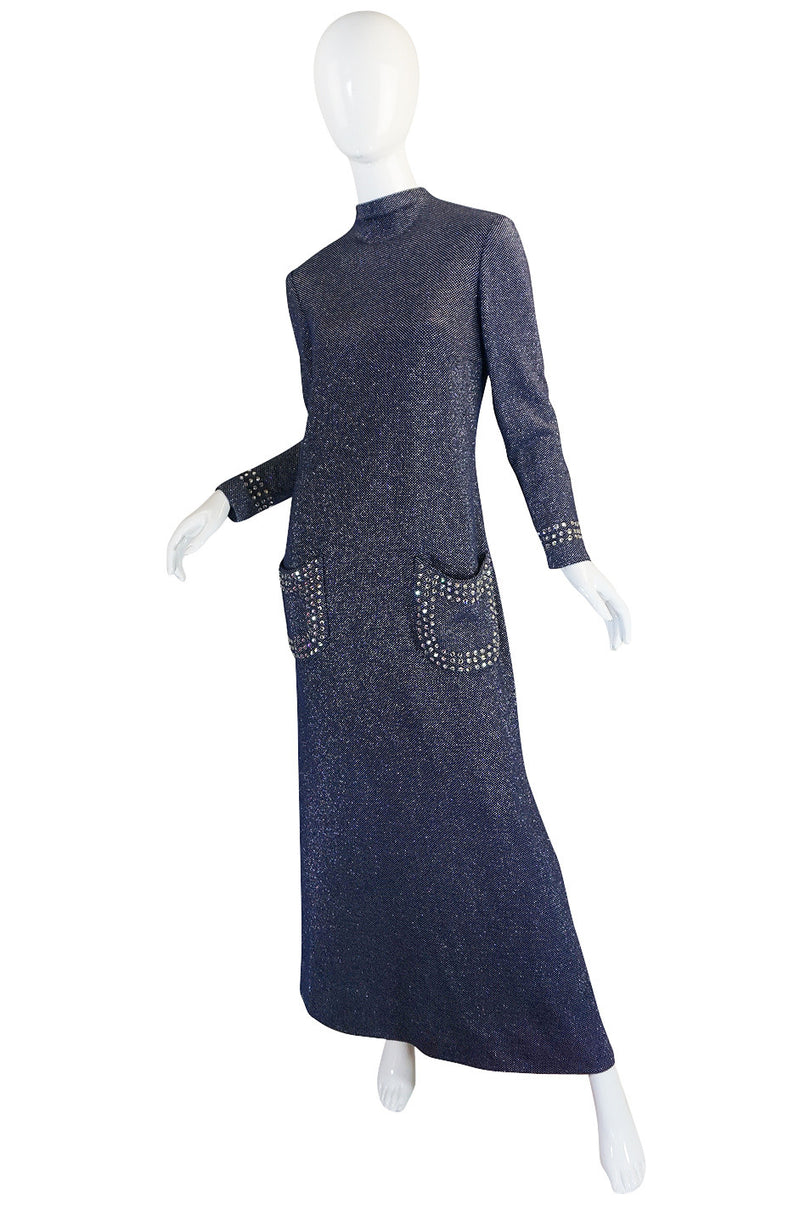 1970s Pauline Trigere Blue Lurex & Rhinestone Dress