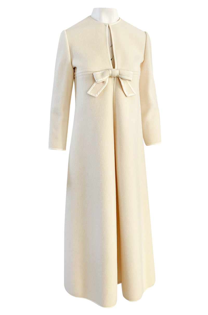 Late 1960s Pierre Cardin Ivory Wool Blanket Coat w Ribbon Edged Front Bow Detailing