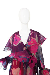 1970s Silk Chiffon & Floral Wrap Dress